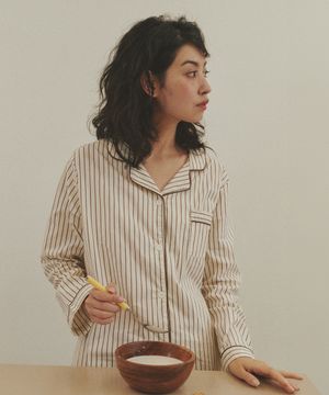 (w)스탠다드 빈 스트라이프 파자마 긴소매세트 브라운아이보리