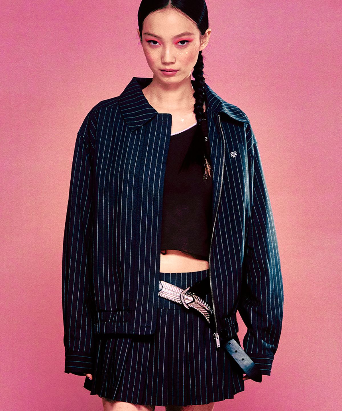 유희(YOUHEE) PIN STRIPE BOMBER JACKET CHARCOAL