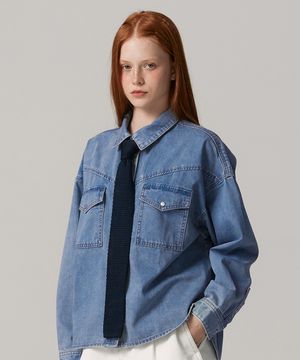 우먼 웨스턴 브러쉬 워시드 블루 데님 셔츠 BOCSH892F