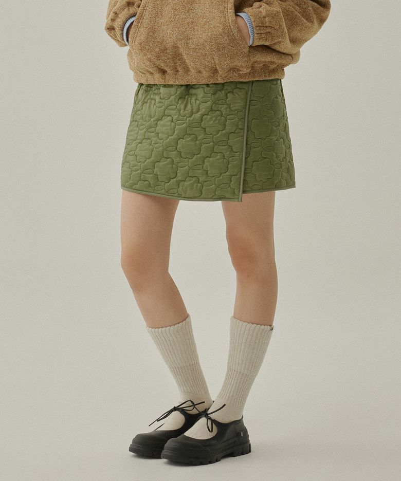 우먼 클로버하트 퀼팅 랩 미니 스커트 Olive