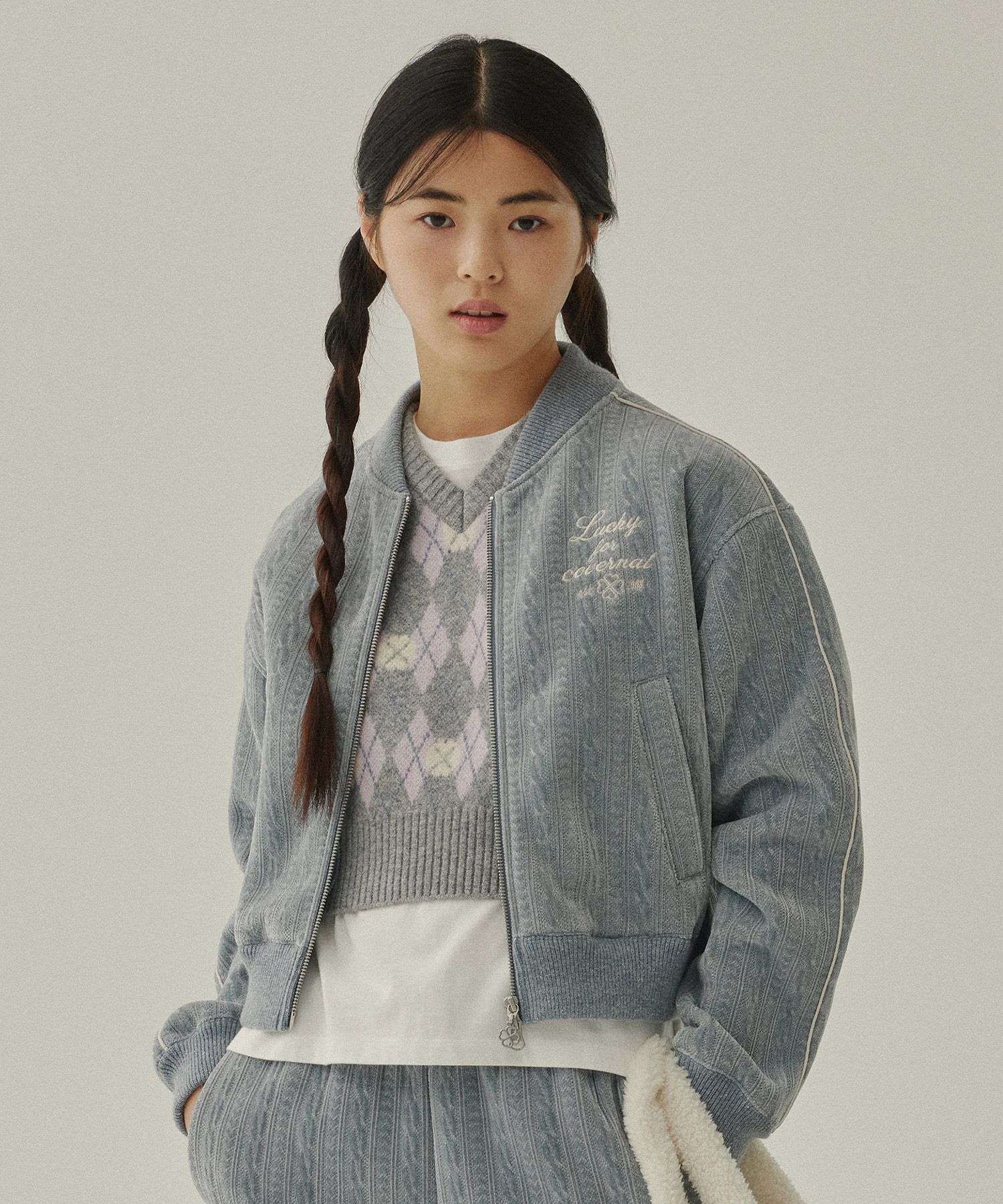 ジャケット COVERNAT Women's cable blouson zip-up jacket ash blue CO2403 MUSINSA | COVERNAT WOMAN Women's Cable Blue Jacket Ash Blue