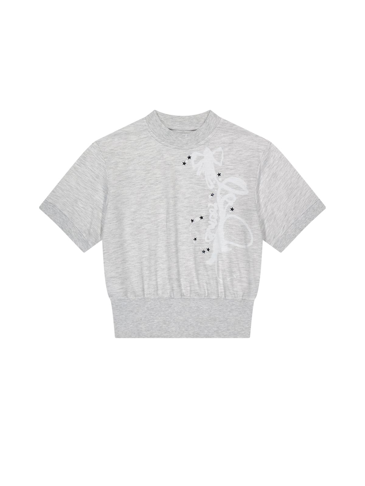 뚜오미오(TUOMIO) RIBBON GRAPHIC MOCK NECK TOP [HEATHER GREY]
