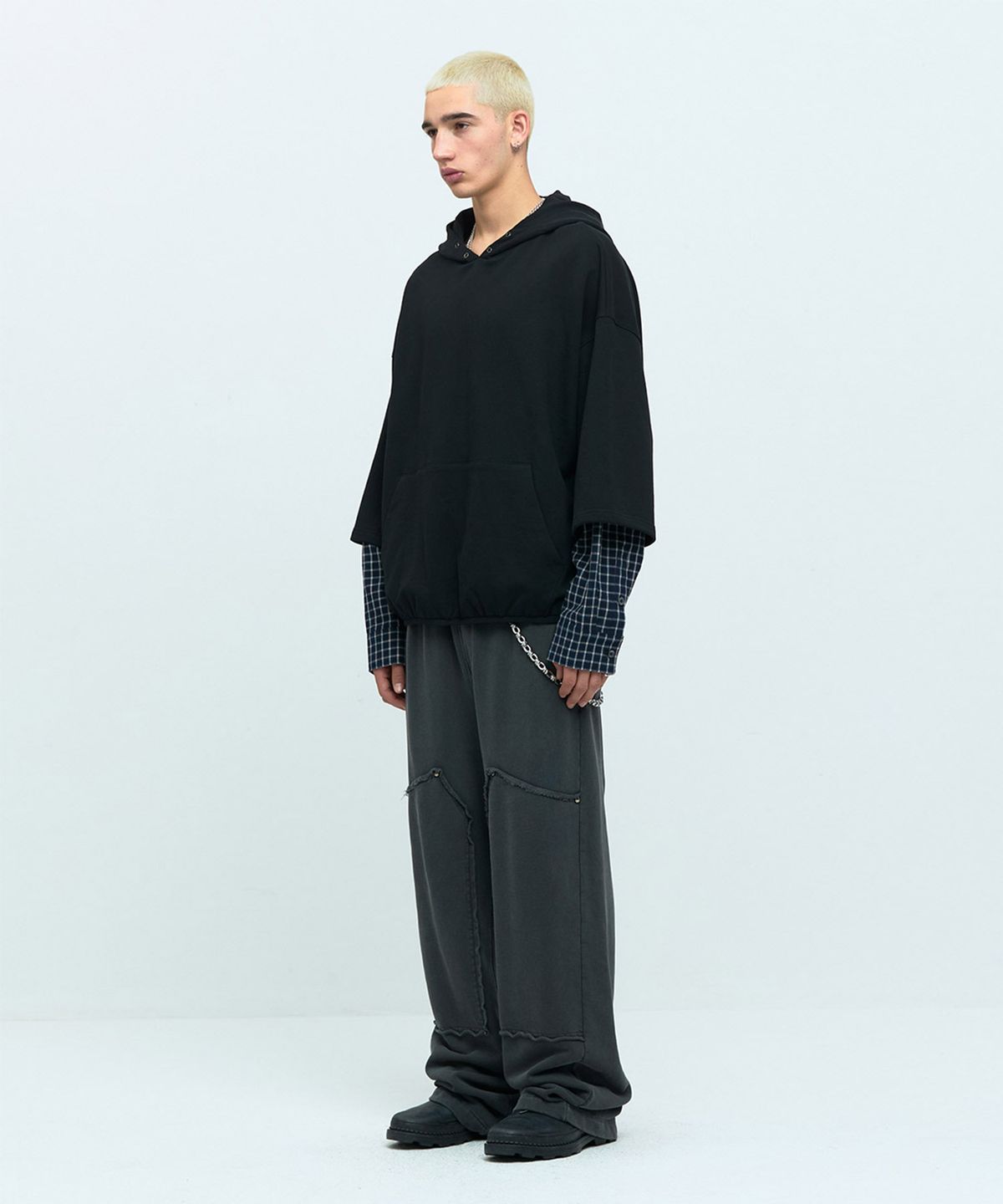 메아(MEA) CHECK MIX HOODIE [BLACK]
