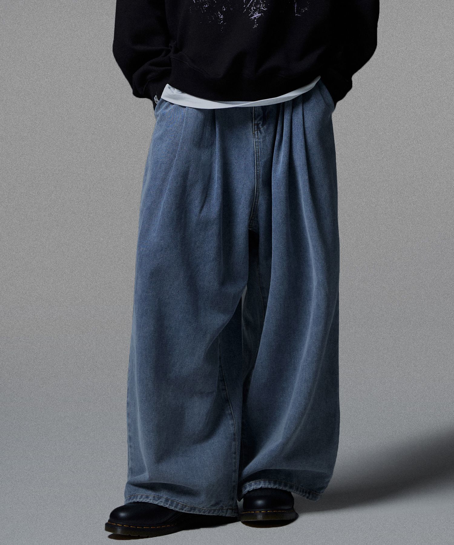 デニム・ジーパン NOT4NERD TR Two Tuck Wide Pants Charcoal PT063CH Two Tuck Wide Denim Pants - Deep Blue - NOT4NERD