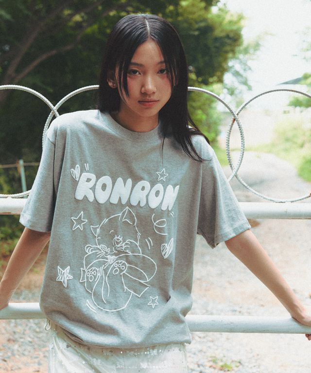 ◆RONRON◆ EMBO KITSCH CAT OVER FIT T SHIRT MELANGE GREY MUSINSA | RONRON EMBO KITSCH CAT OVER FIT T SHIRT MELANGE GREY