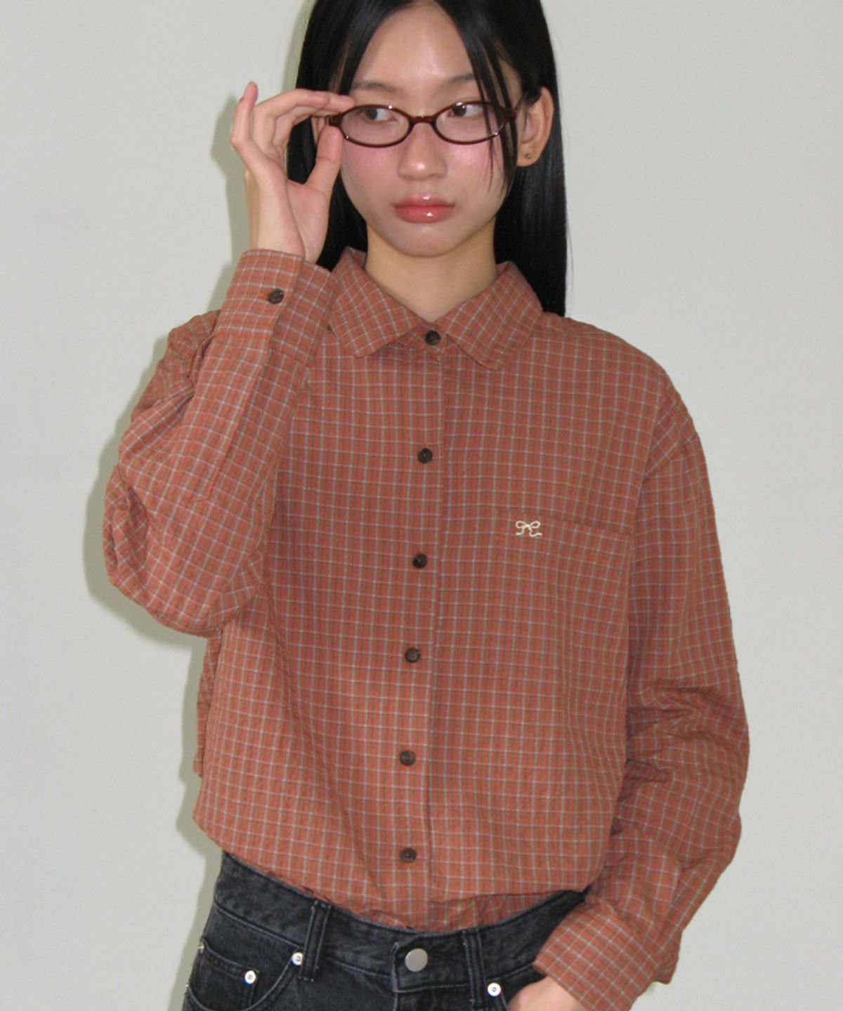 론론(RONRON) ROUND COLLAR POCKET SHIRT BROWN CEHCK