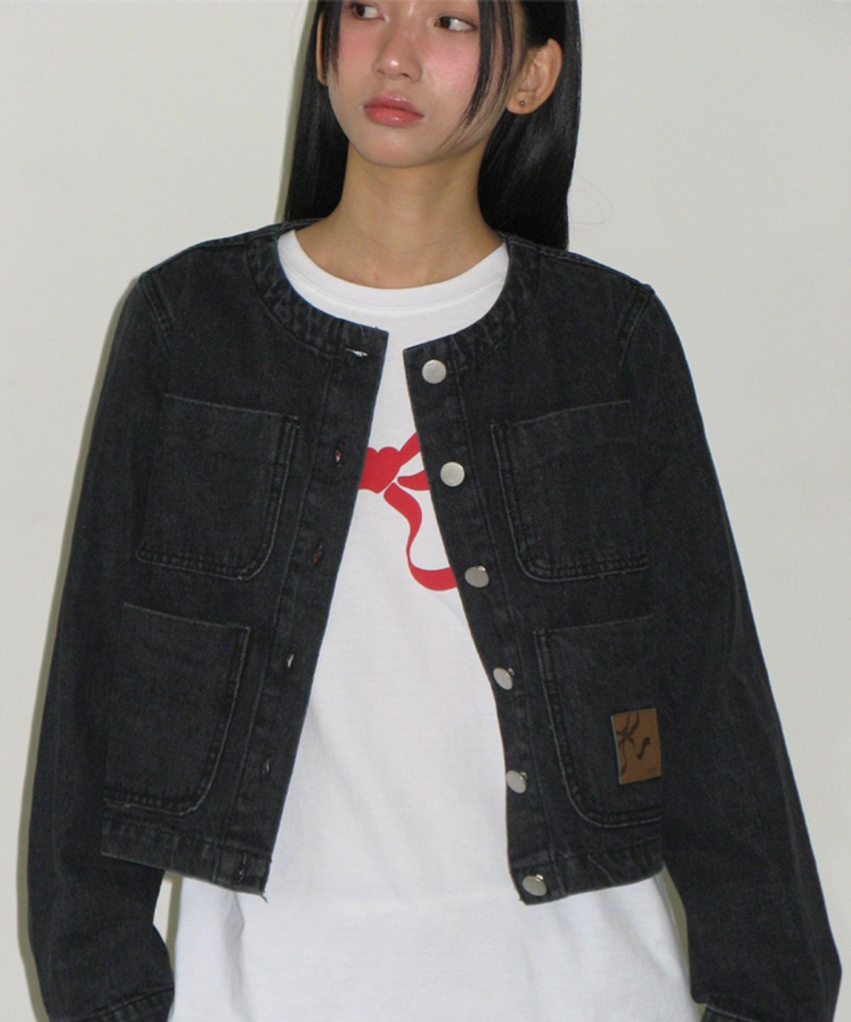 론론(RONRON) NON COLLAR POCKET DENIM JACKET BLACK
