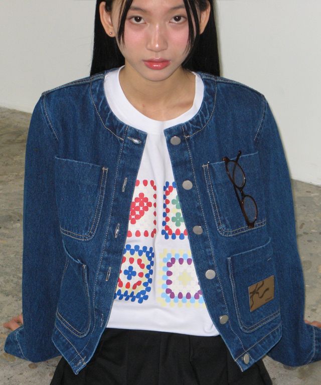 ◇RONRON◇ NON COLLAR POCKET DENIM JACKET DARK BLUE MUSINSA | RONRON NON COLLAR POCKET DENIM JACKET DARK BLUE