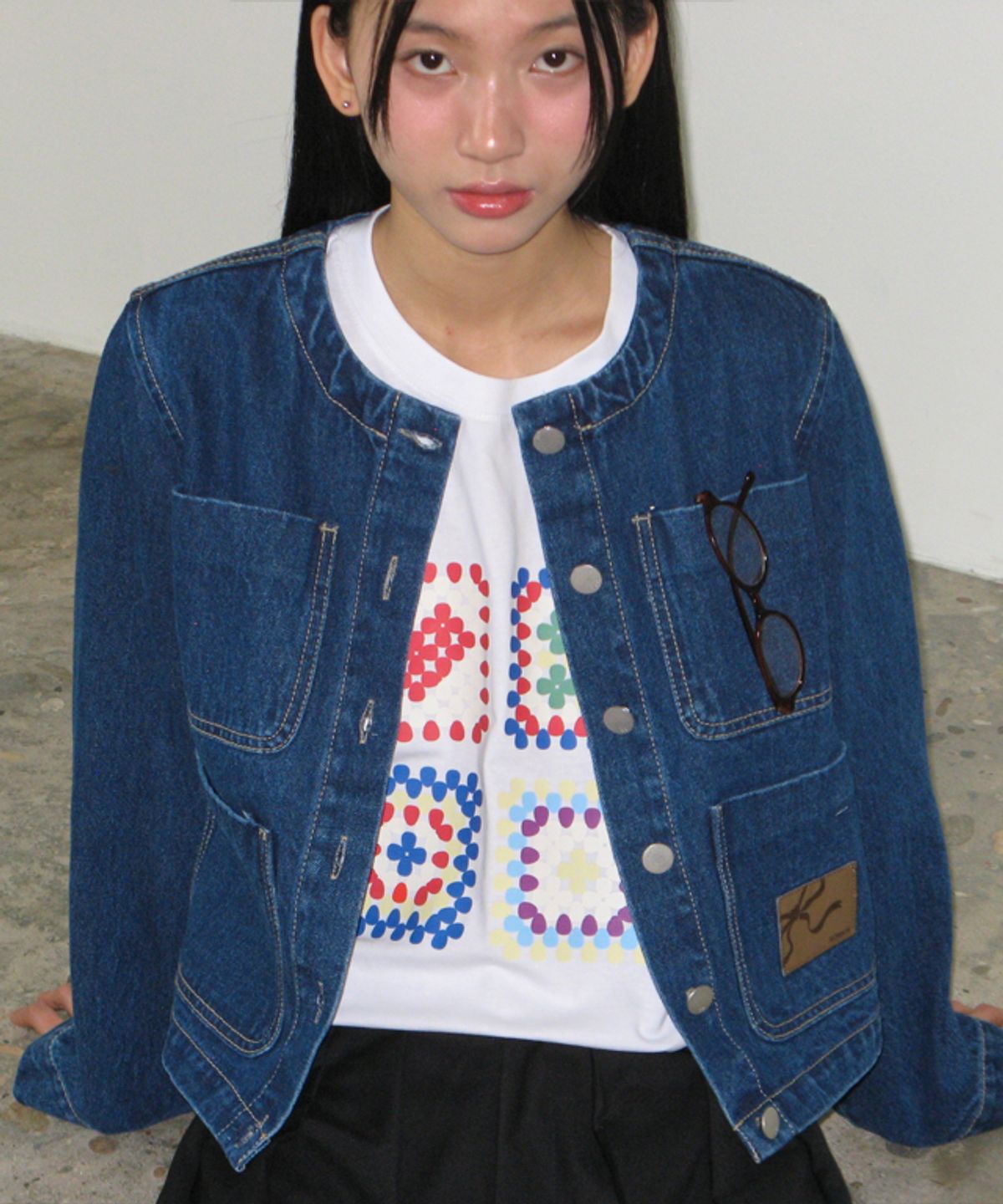 론론(RONRON) NON COLLAR POCKET DENIM JACKET DARK BLUE