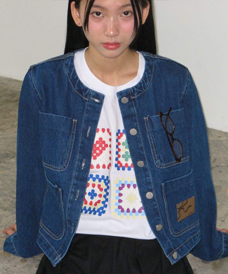 NON COLLAR POCKET DENIM JACKET DARK BLUE