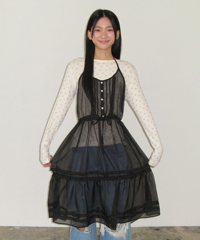 HEART BUTTON SHEER LAYERED DRESS BLACK
