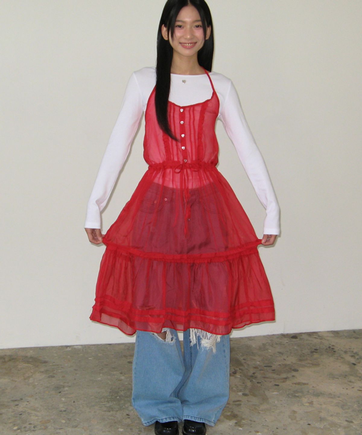 론론(RONRON) HEART BUTTON SHEER LAYERED DRESS RED