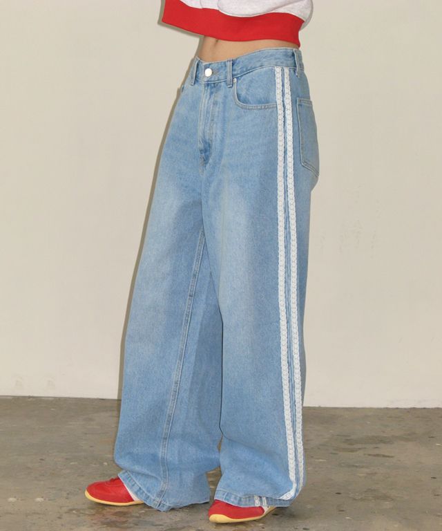 【RONRON】24F/W★ SIDE LACE TRACK DENIM PANTS (S,M,L) MUSINSA | RONRON SIDE LACE TRACK DENIM PANTS LIGHT BLUE