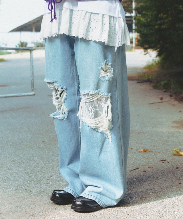 デニム・ジーパン RONRON DAMAGE WIDE DENIM PANTS LIGHT BLUE MUSINSA | RONRON DAMAGE WIDE DENIM PANTS LIGHT BLUE