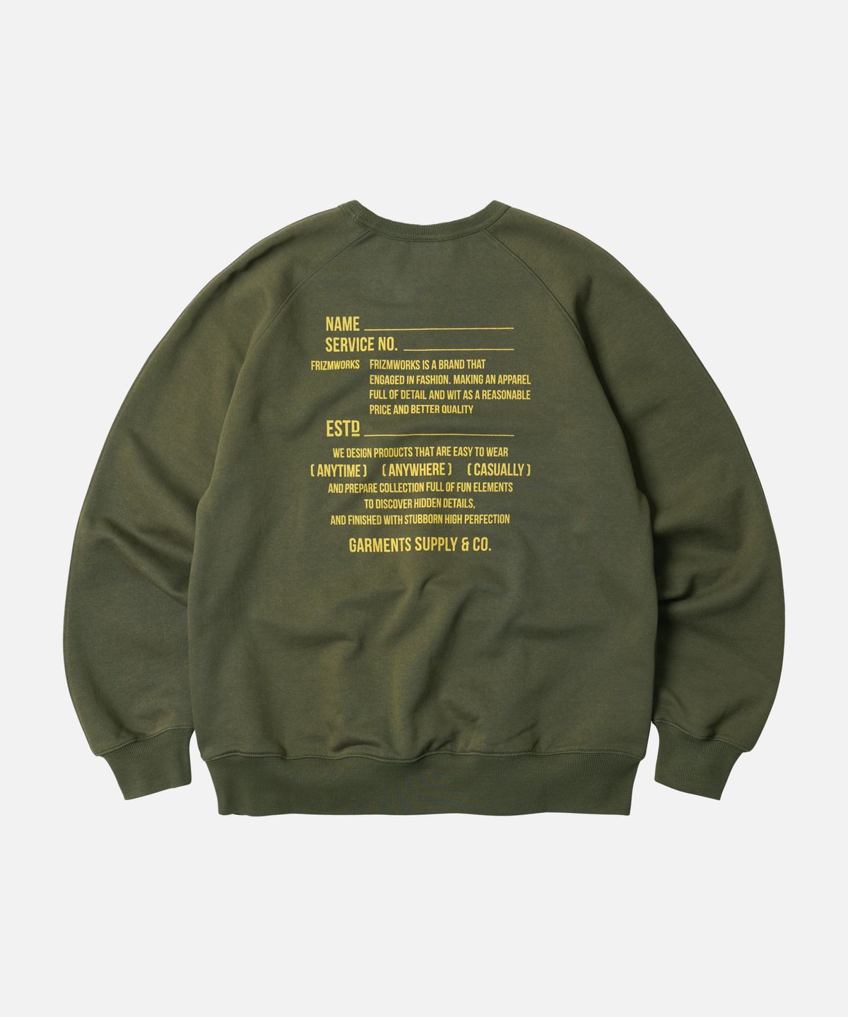프리즘웍스(FRIZMWORKS) SERVICE LABEL SWEATSHIRT _ OLIVE