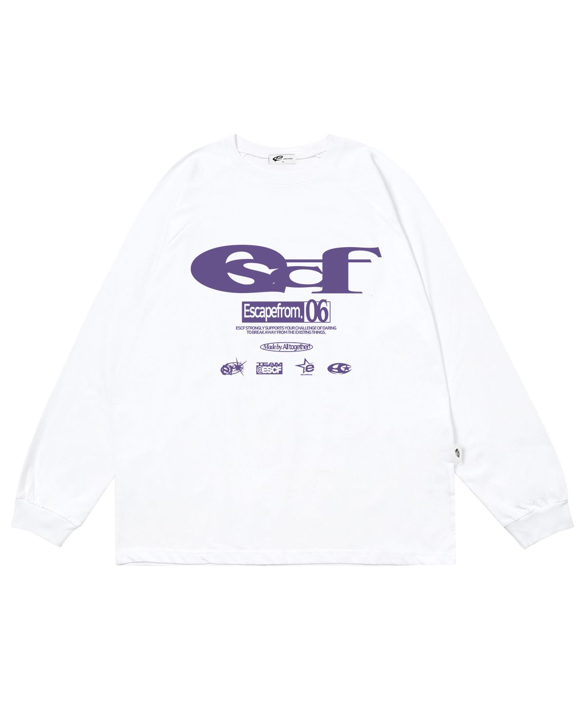 이스케이프프롬(ESCAPEFROM) 퍼플 ESCF 로고 콜라주 프린트 롱슬리브 화이트