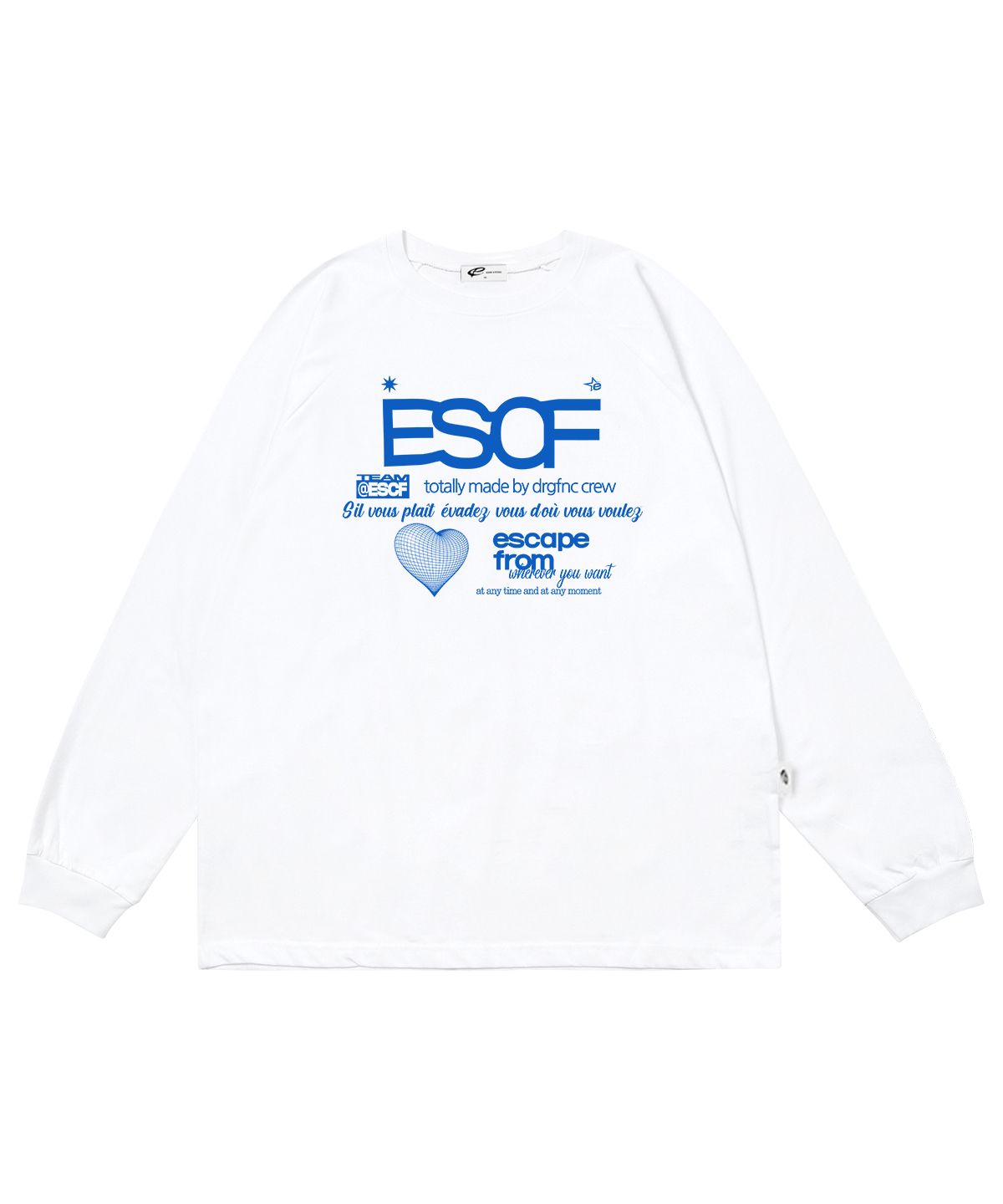 이스케이프프롬(ESCAPEFROM) 블루 하트 크루 컬렉션 프린트 롱슬리브 화이트