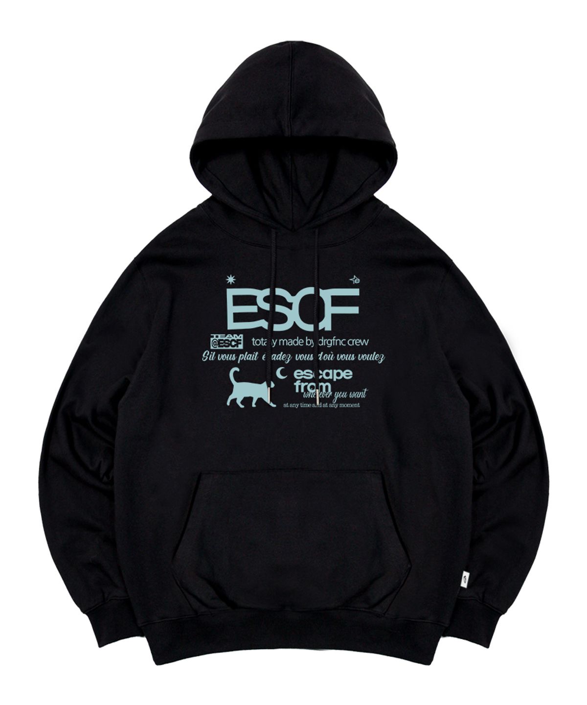 이스케이프프롬(ESCAPEFROM) 스카이블루 키티 크루 컬렉션 프린트 후드티 블랙
