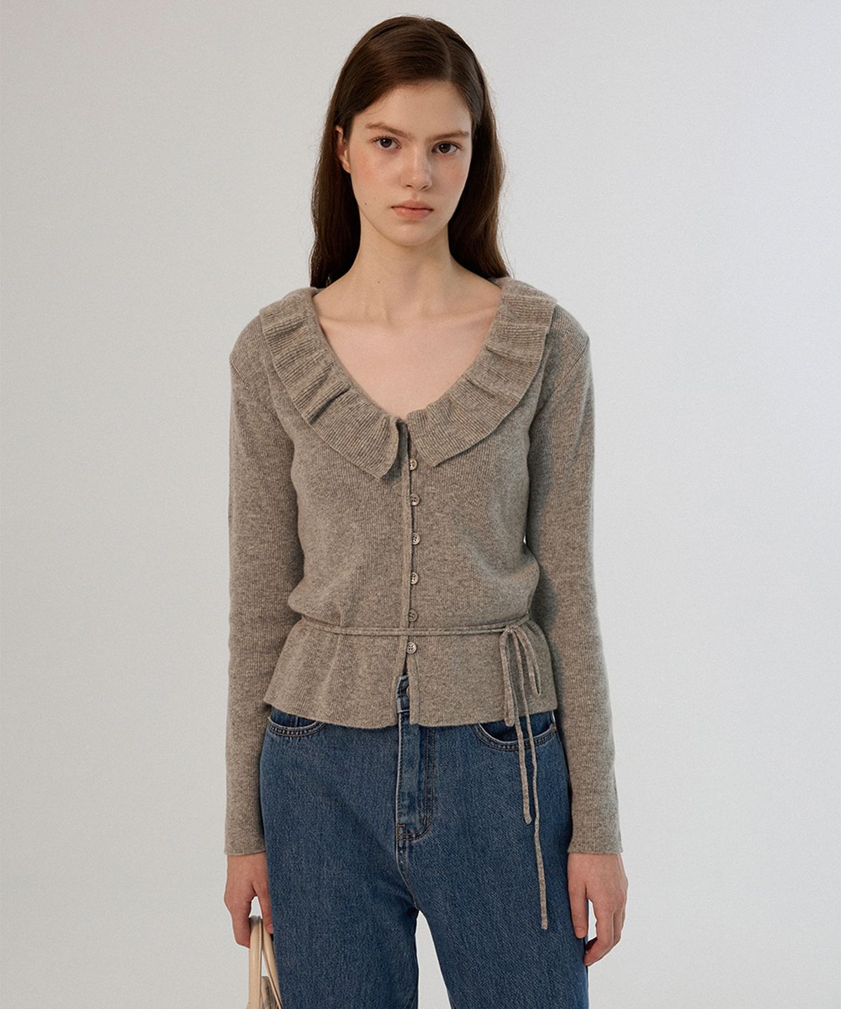 썸웨어버터(SOMEWHEREBUTTER) Ruffle ribbon cashmere cardigan - Grey