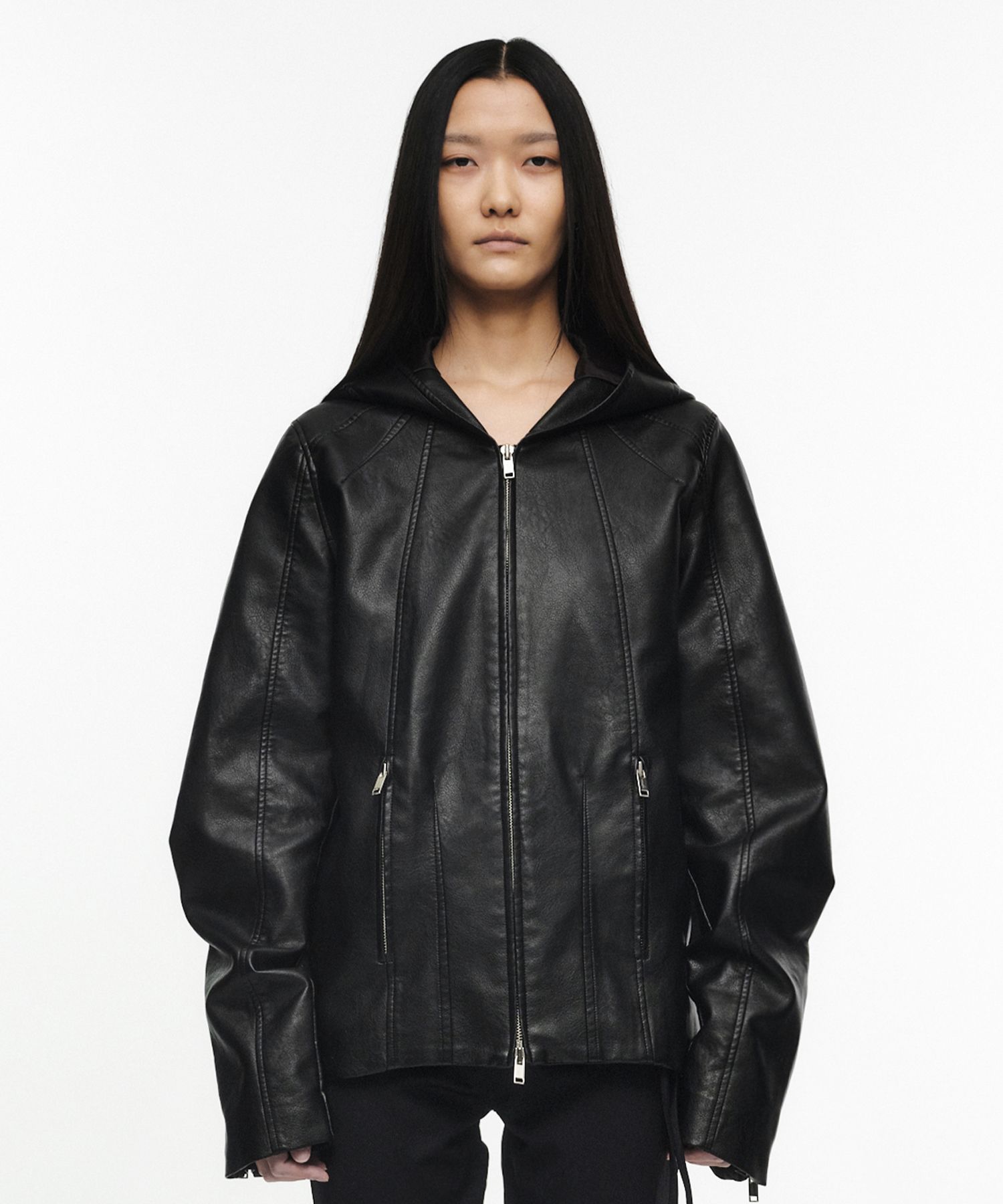 NACHE★韓国★人気★SEAM LINE LEATHER HOODIE JACKET (UNISEX) MUSINSA | NACHE SEAM LINE LEATHER HOODIE JACKET (UNISEX) BLACK