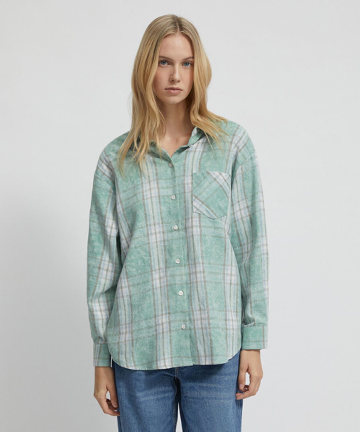 레이디 볼륨(LADY VOLUME) OVER-FIT TARTAN CHECK POCKET SHIRT_GREEN
