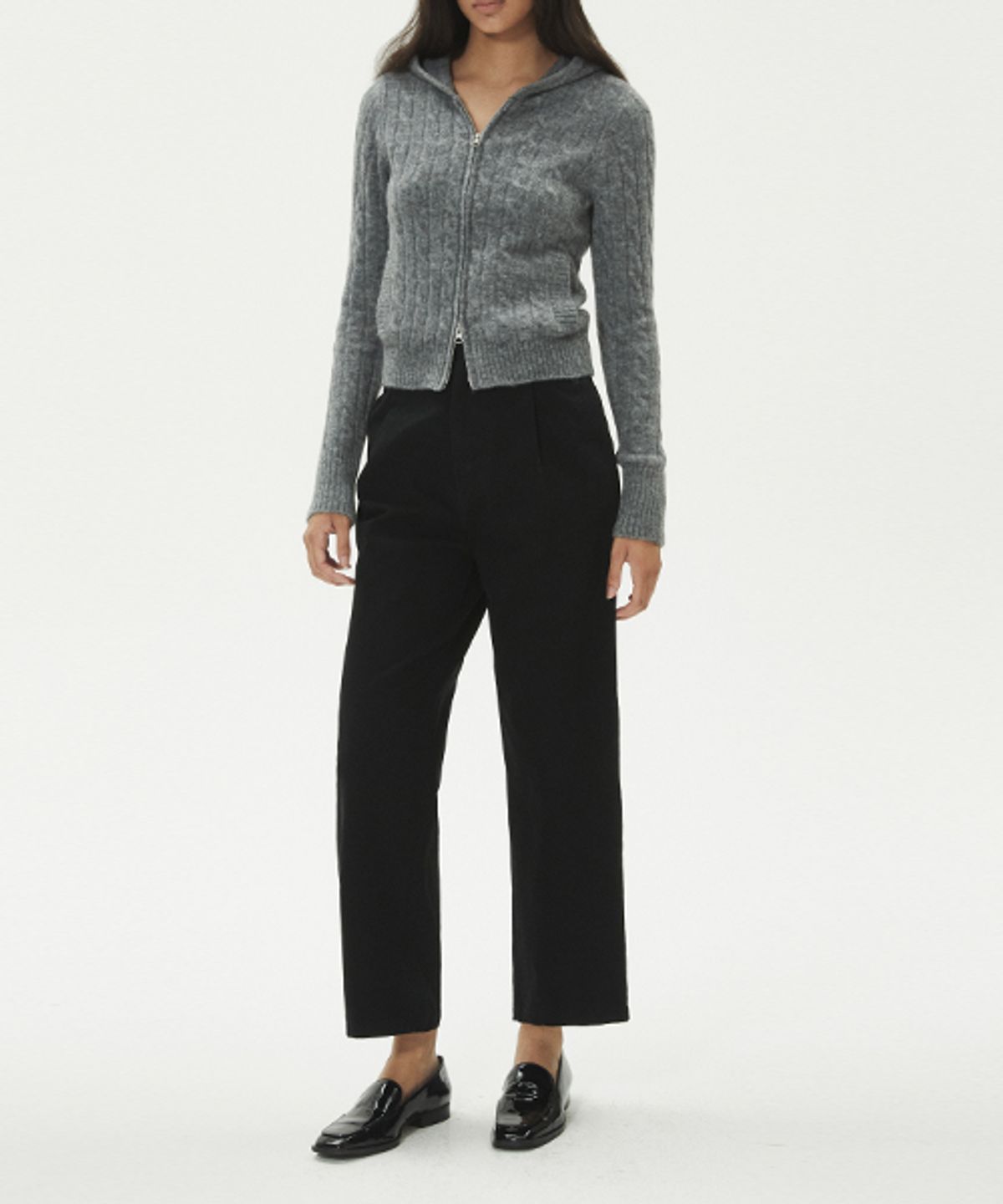 레이디 볼륨(LADY VOLUME) WOOL KNIT CABLE SLIM HOOD ZIP UP_GRAY