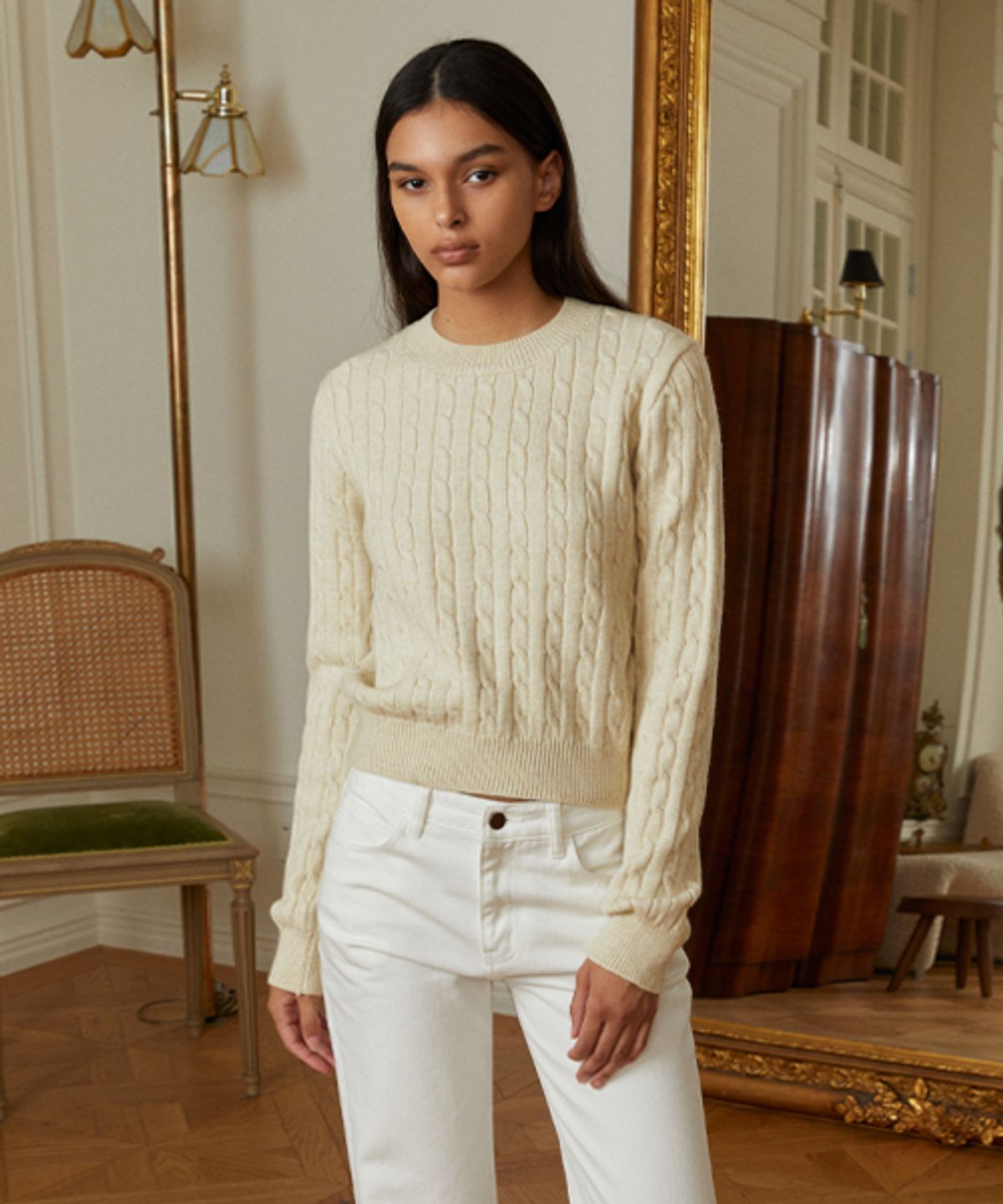 레이디 볼륨(LADY VOLUME) CABLE ROUND CROP KNIT_CREAM
