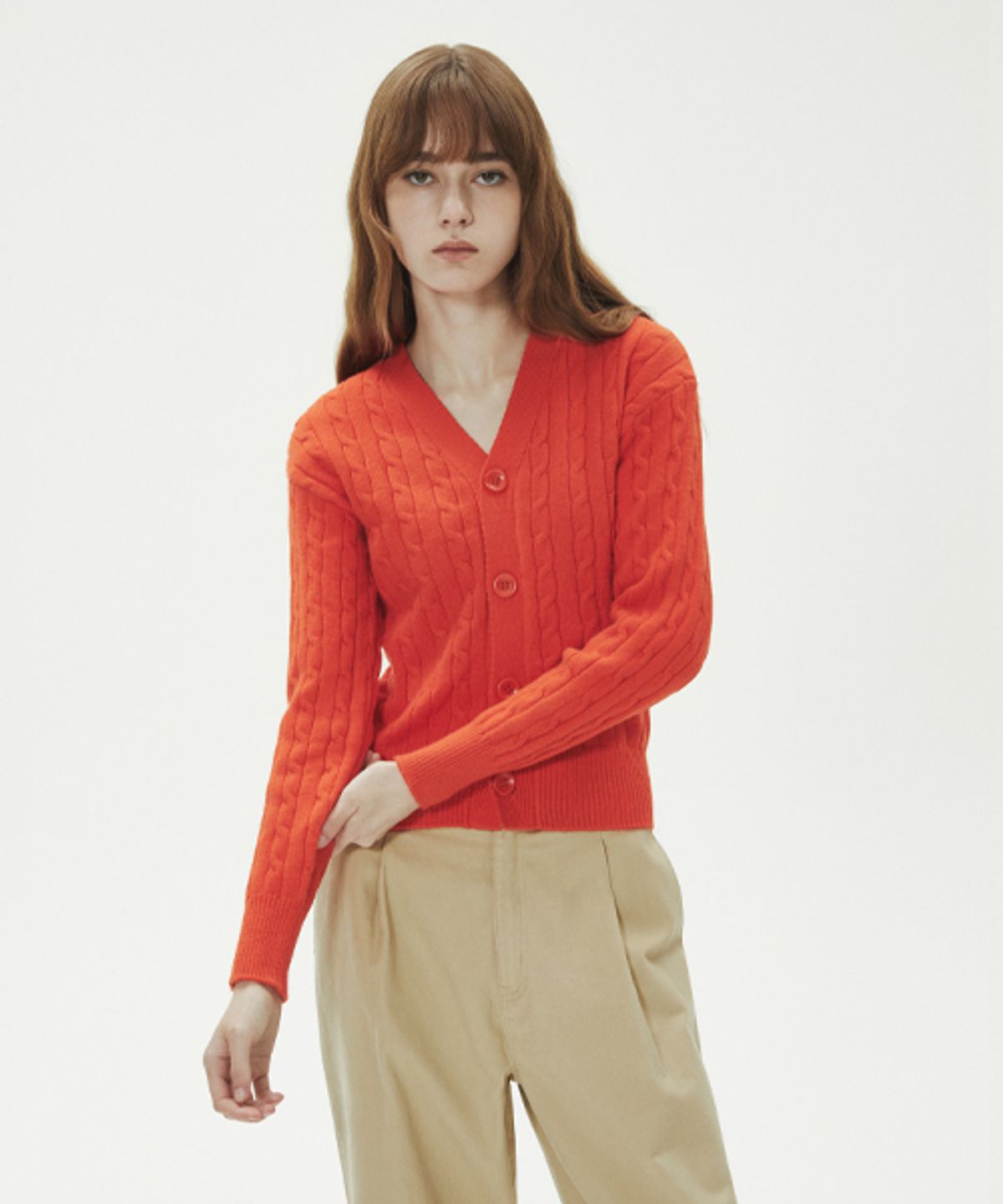 레이디 볼륨(LADY VOLUME) CABLE POINT BUTTON KNIT CARDIGAN_RED