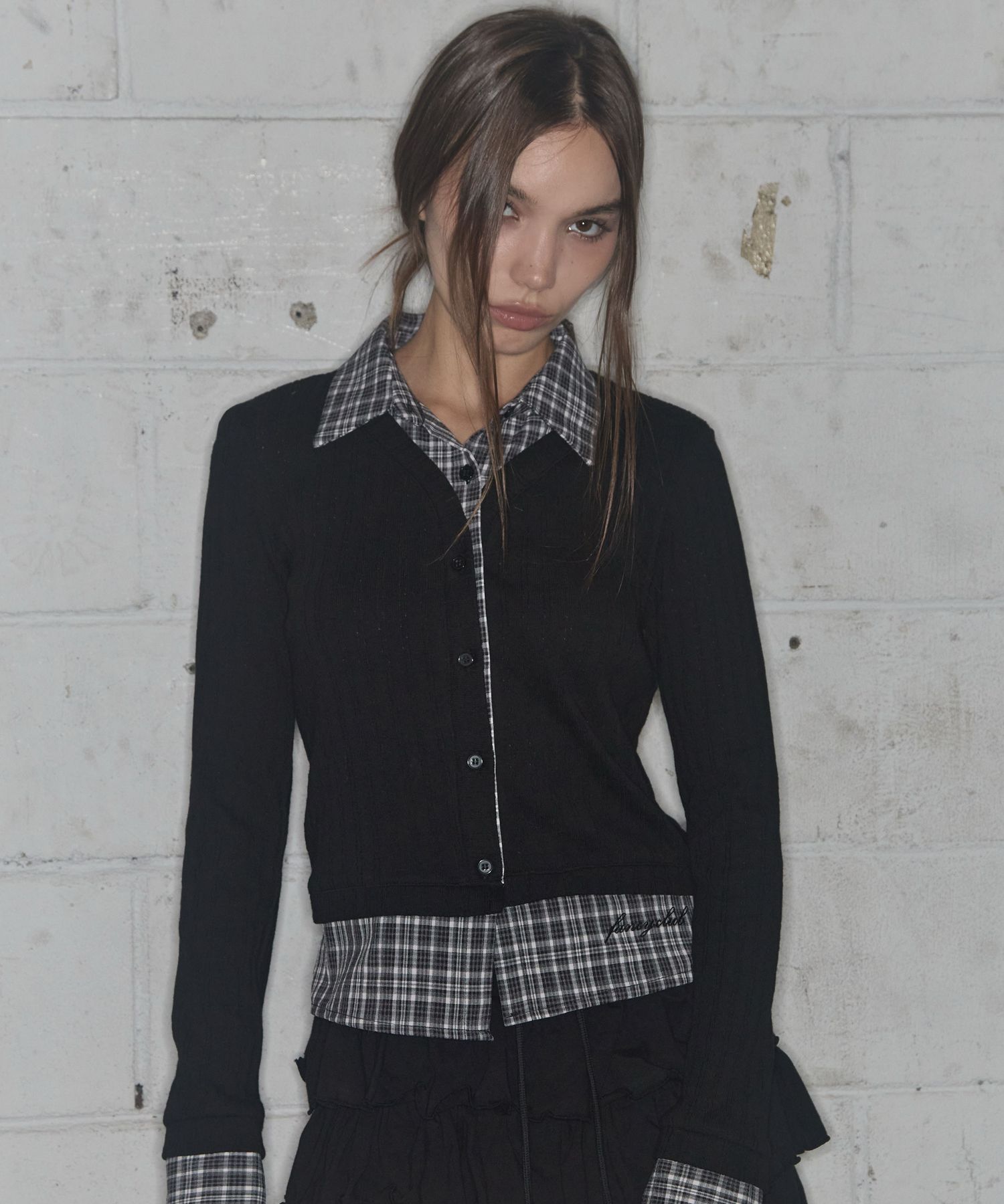 MUSINSA公式 | FANCY CLUB Check Shirt Layered Cardigan (BLACK)_F24ZB066