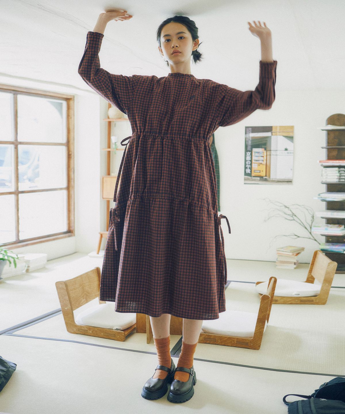 꼬모니노즈(COMONINOZ) W LONG SLEEVE CHECK ONE-PIECE [RED]