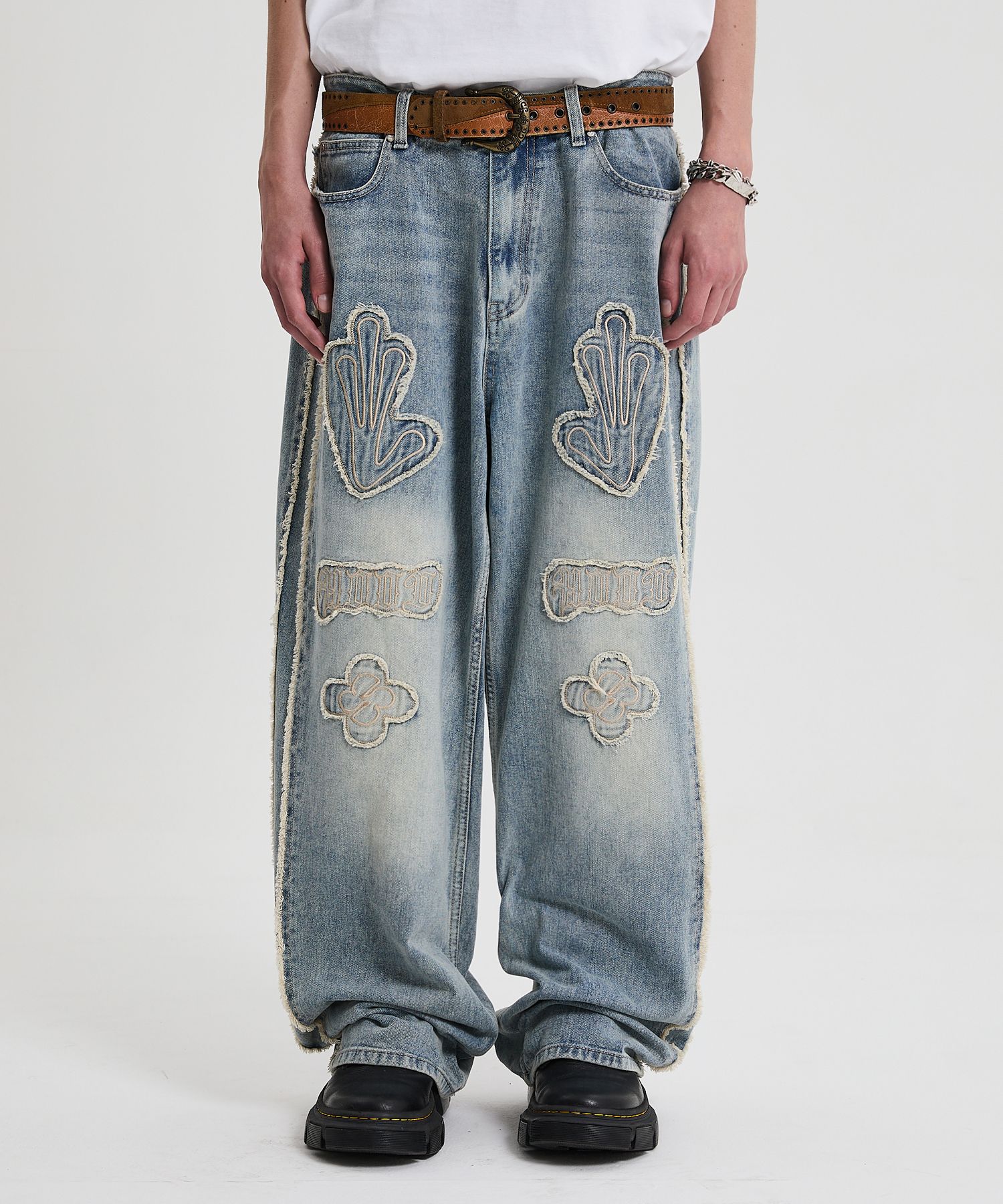 【HOODHOOD】Multi Logo Applique Yellow Wash Denim Pants 2色 MUSINSA | HOODHOOD HD Multi Logo Applique Yellow Washed