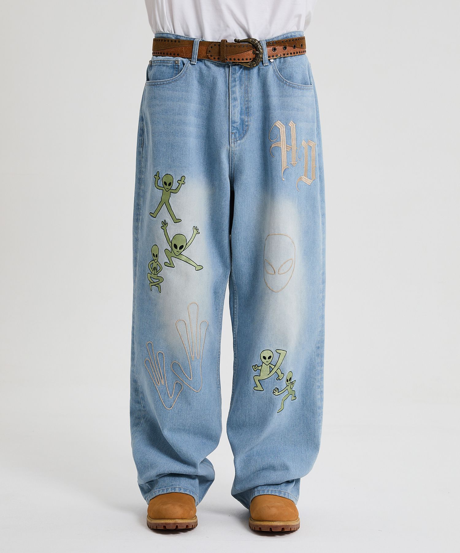 ★HOODHOOD★ HD Alien Multi-Embroidery Denim Pants Light Blu MUSINSA | HOODHOOD HD Alien Multi-Embroidery Denim Pants