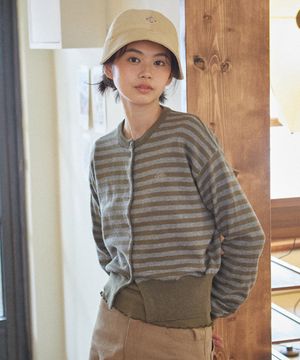 W BUTTON STRIPE CARDIGAN [KHAKI]
