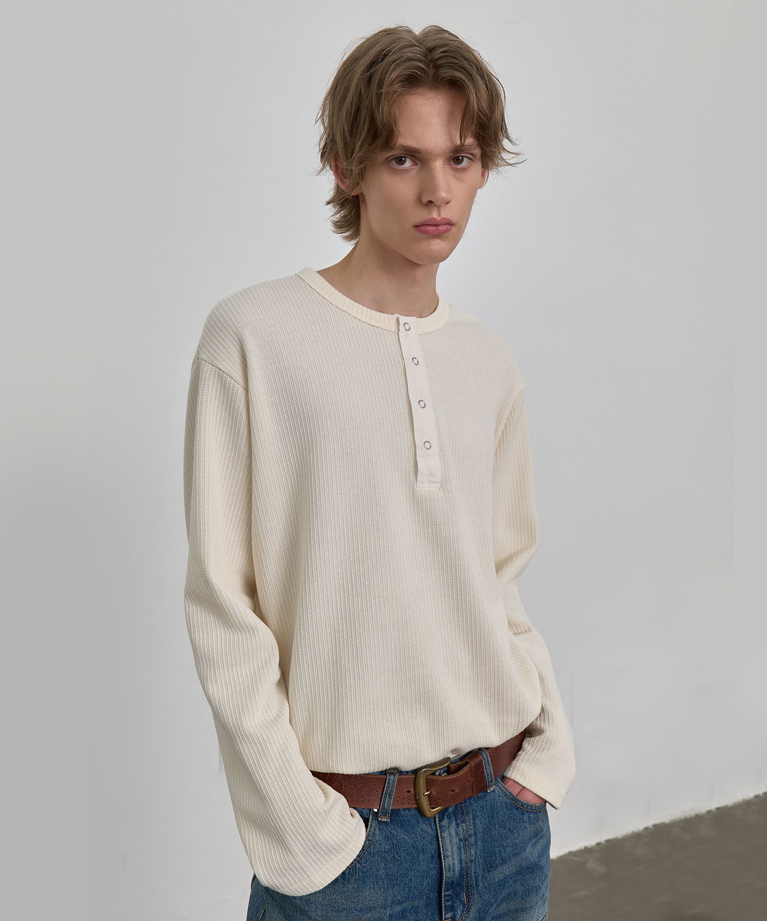 【週末値下げ】kinema waffle henley neck shirt M Maison Kinema(メゾンキネマ) / 23SS/waffle henley neck shirt