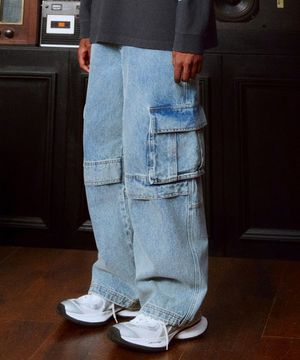 Cargo Wide Denim Pants (WASHED BLUE)
