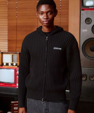Ribbed Zip Hoodie Sweater (BLACK)