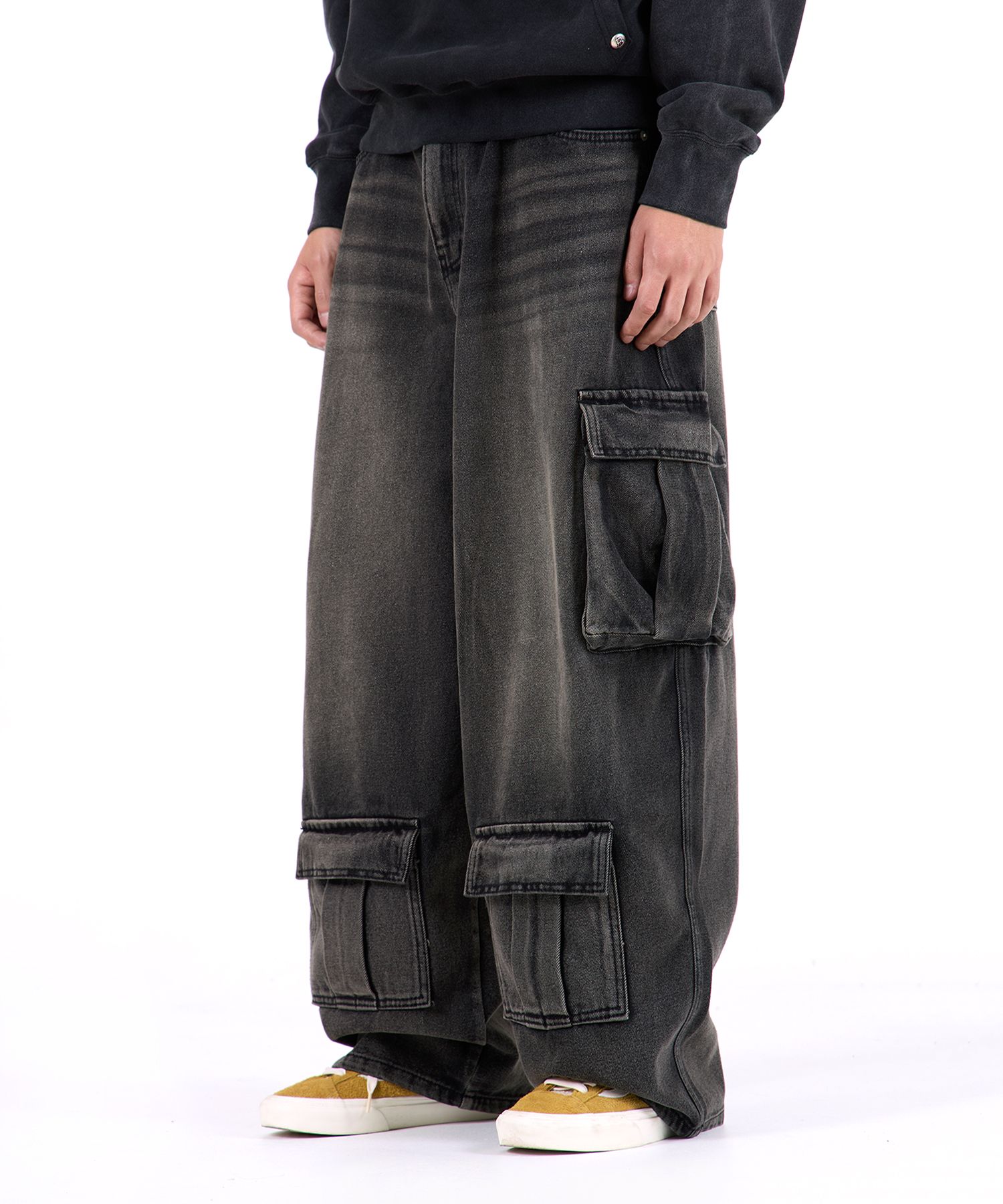 【BAON】Senmo washed denim banding wide cargo pants Wide Washed Jeans Men - Baggy Style Fashion Trousers