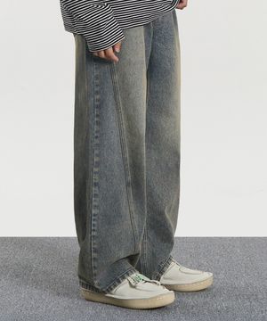 커브드 라인 와이드 데님 팬츠 (SAND BLUE)