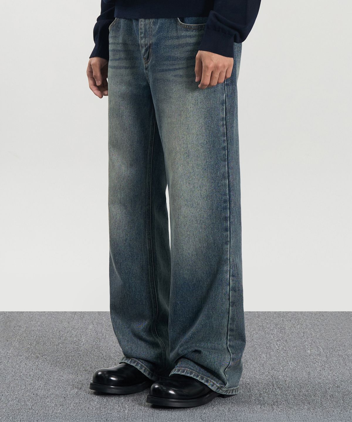 엑스컨테이너(EXCONTAINER) 세미 와이드 부츠컷 데님 팬츠 (MEDIUM INDIGO)