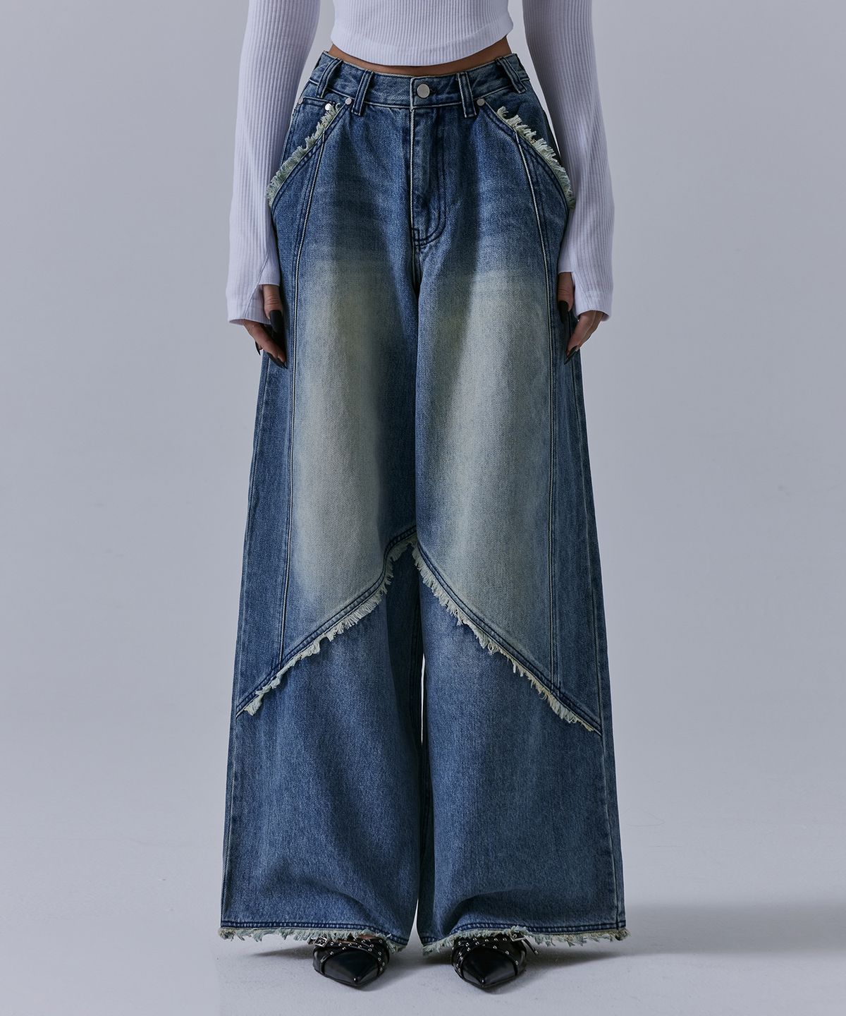 트리밍버드(TREEMINGBIRD) Incision Tassel Denim Pants [ Blue ]