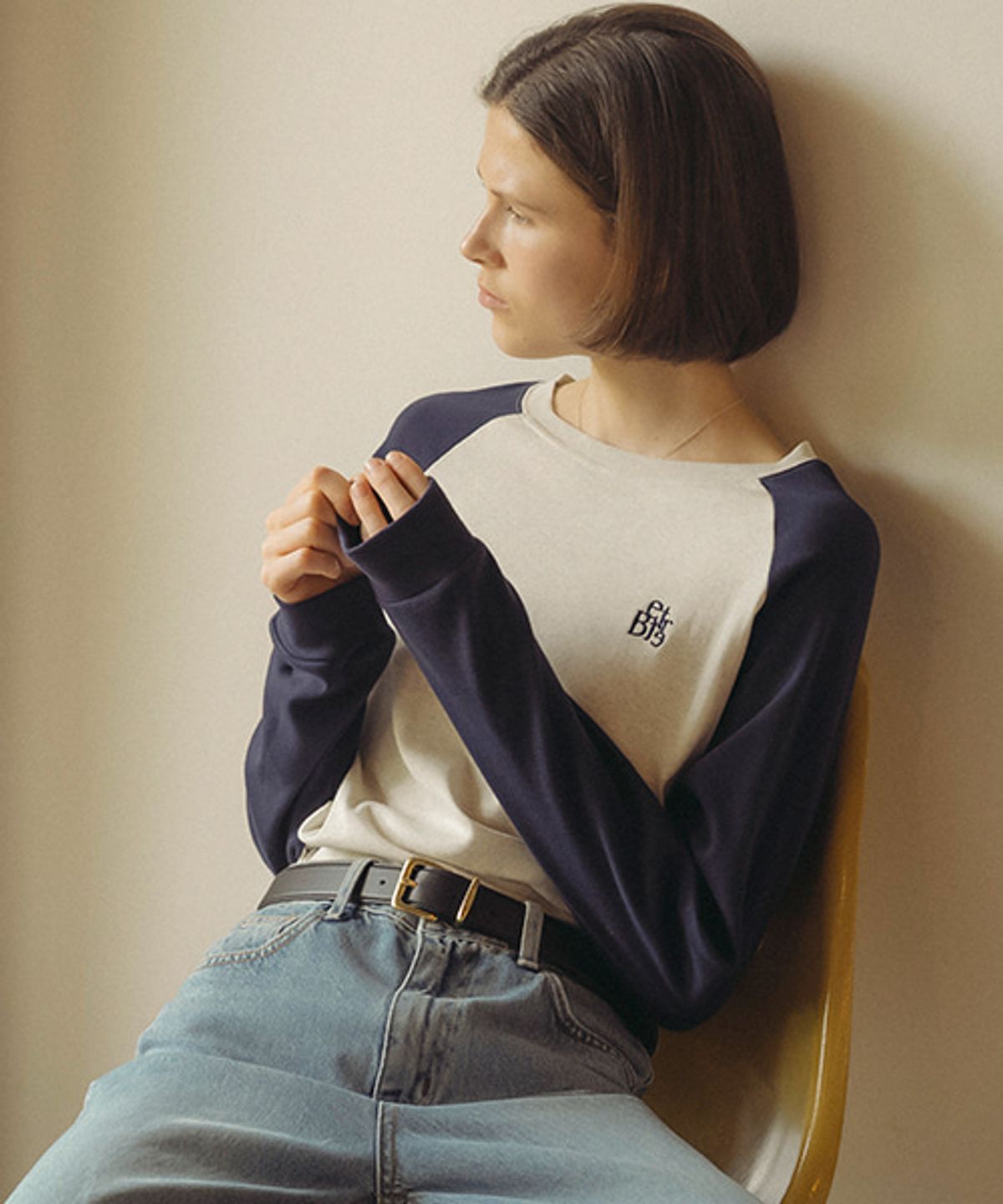 노운베러(KNOWNBETTER) Raglan embroidered cotton T-shirt_Navy
