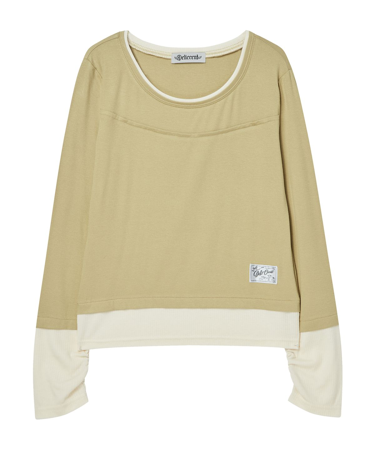 델리센트(DELICCENT) 립 레이어드 배색 티 [OLIVE GREEN]