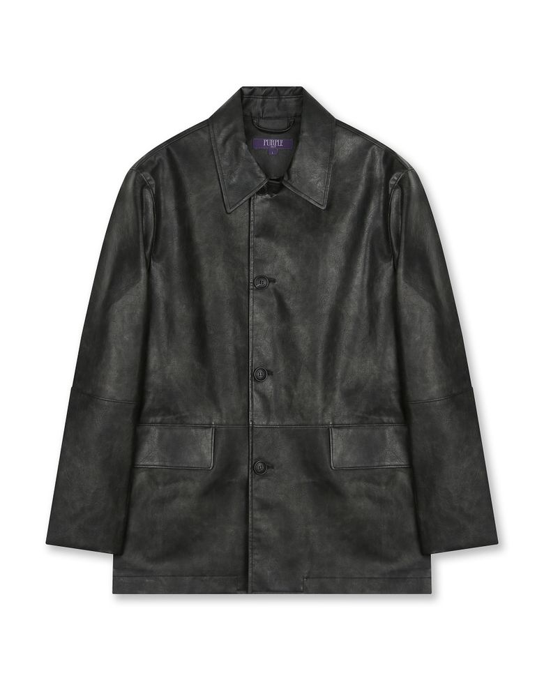 WASHED LEATHER CAR COAT BLACK