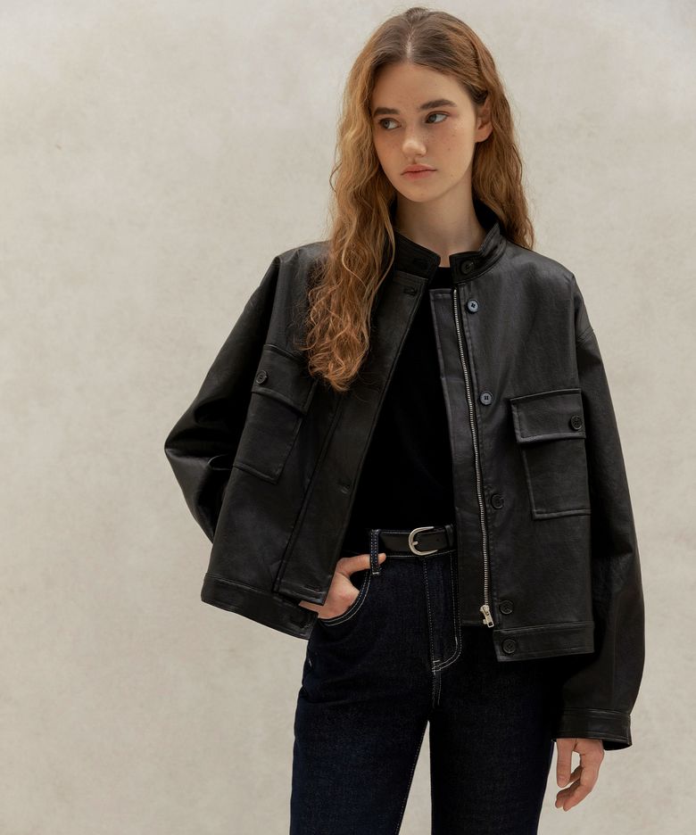 FAUX LEATHER POCKET BLOUSON JACKET_NHJK489 (BLACK)