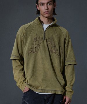 N4 Logo Layered High Neck Quarter Zip Up - Khaki
