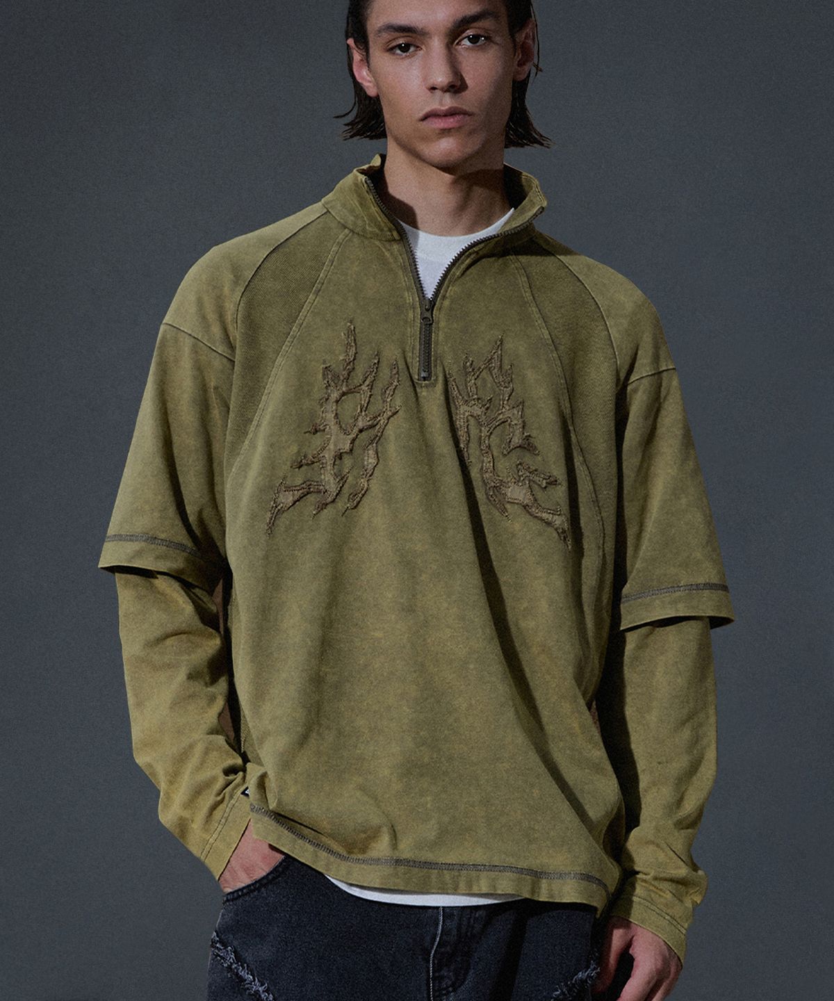 낫포너드(NOT4NERD) N4 Logo Layered High Neck Quarter Zip Up - Khaki