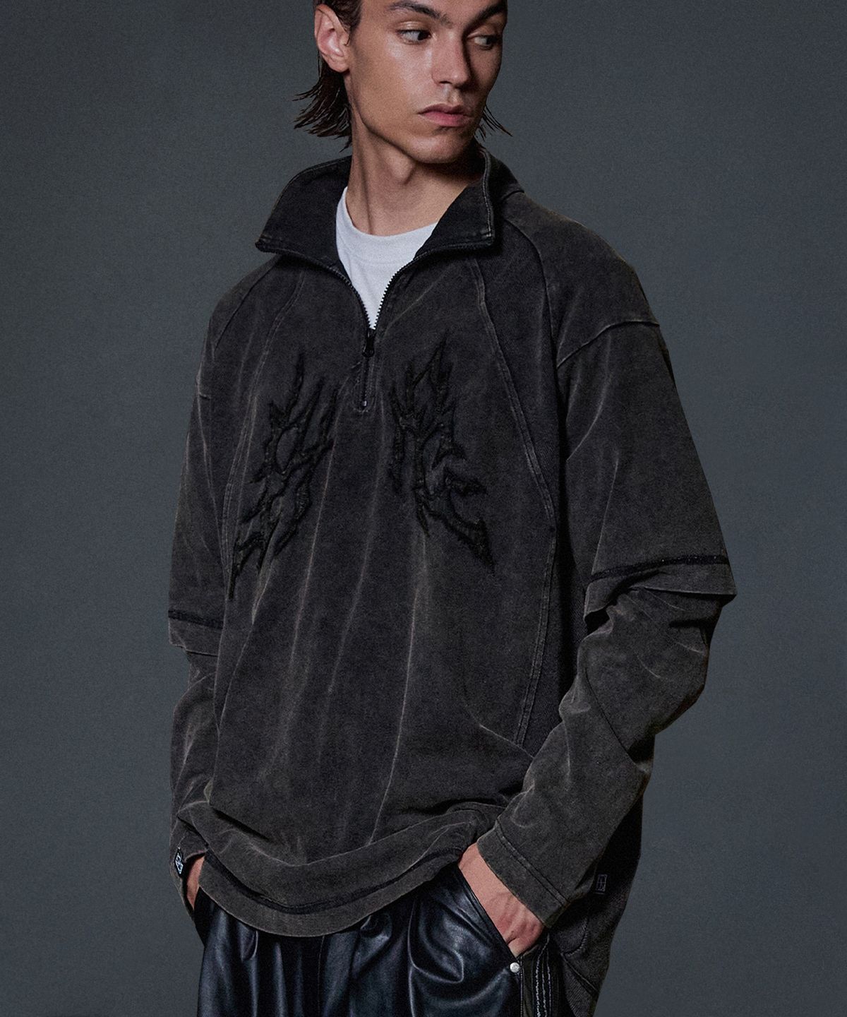 낫포너드(NOT4NERD) N4 Logo Layered High Neck Quarter Zip Up - Black