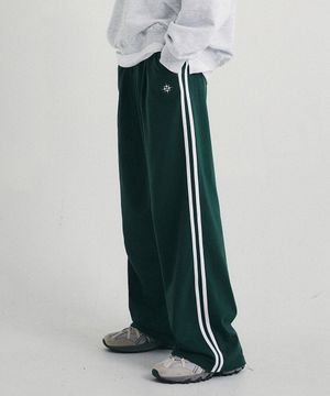 원턱 투 라인 와이드 스웨트팬츠 다크그린