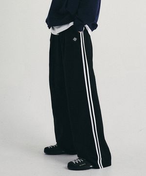 원턱 투 라인 와이드 스웨트팬츠 블랙