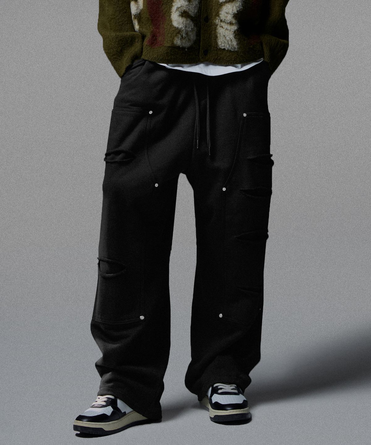 낫포너드(NOT4NERD) Destoryed Double Knee Carpenter Sweat Pants - Black